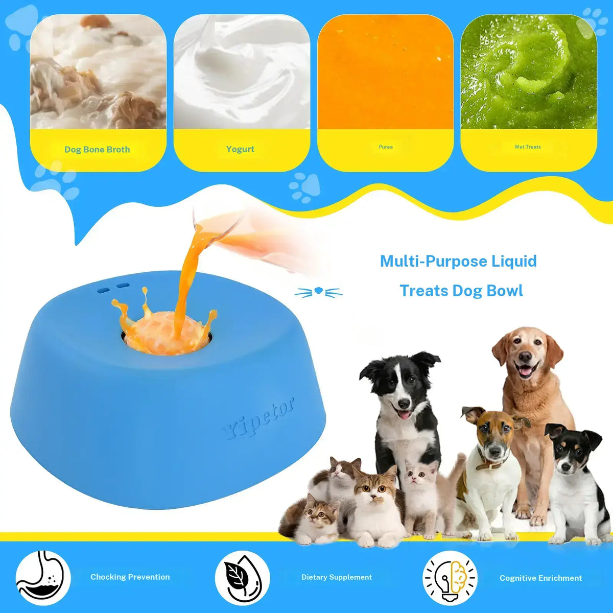 Yipetor Slow Feeder Dog Bowl with Rolling Ball for Liquid Treats - No Spill Bone Broth and Multi-Purpose Puppy Yogurt Feeder for All Breeds Dietary Supplement and Post-Operative Nutrition