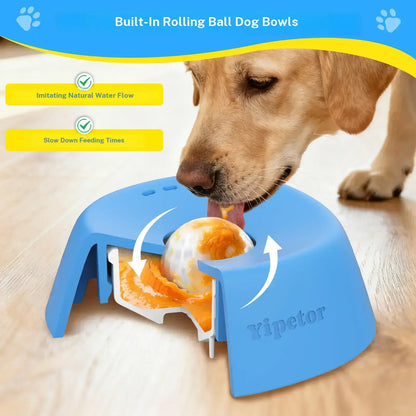 Yipetor Slow Feeder Dog Bowl with Rolling Ball for Liquid Treats - No Spill Bone Broth and Multi-Purpose Puppy Yogurt Feeder for All Breeds Dietary Supplement and Post-Operative Nutrition