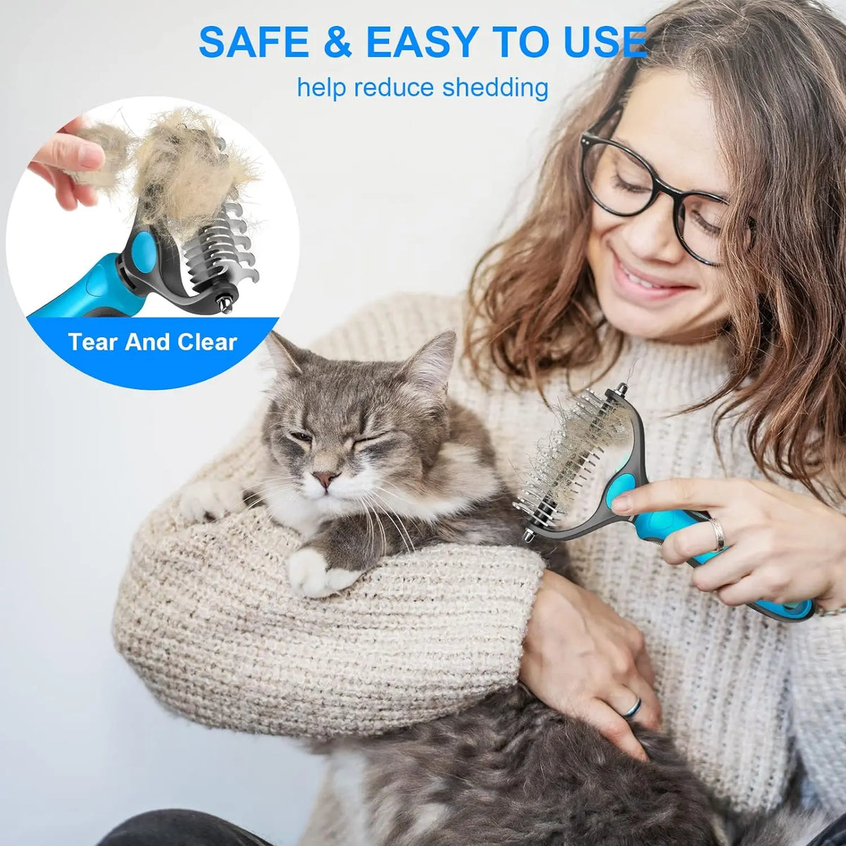 Double-Sided Pet Deshedding Brush - Gentle Undercoat Rake Comb for Dogs and Cats, Minimizes Shedding and Loose Fur