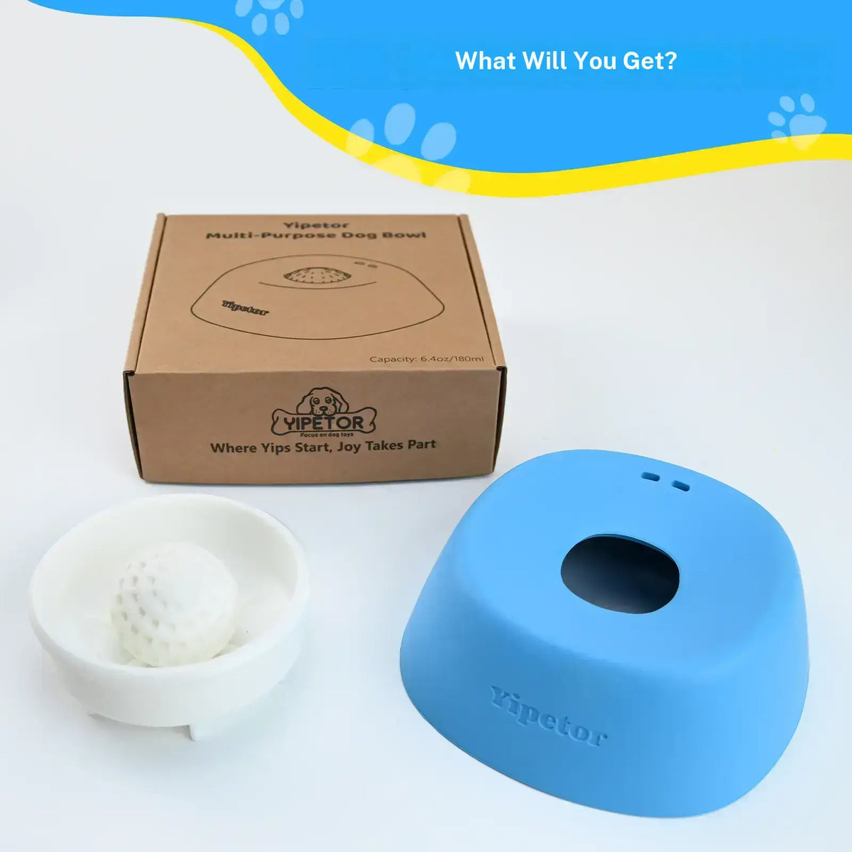 Yipetor Slow Feeder Dog Bowl with Rolling Ball for Liquid Treats - No Spill Bone Broth and Multi-Purpose Puppy Yogurt Feeder for All Breeds Dietary Supplement and Post-Operative Nutrition