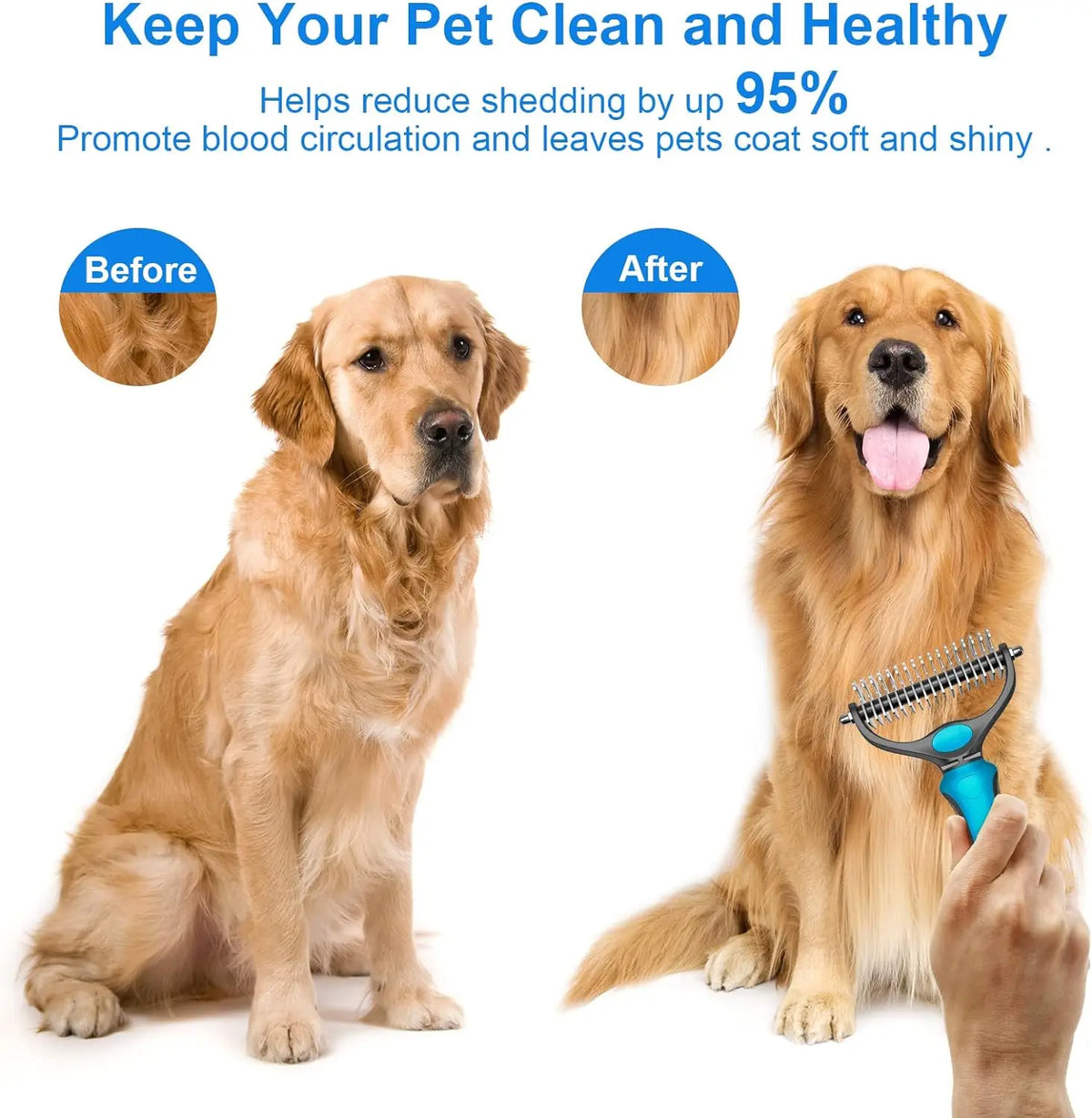 Double-Sided Pet Deshedding Brush - Gentle Undercoat Rake Comb for Dogs and Cats, Minimizes Shedding and Loose Fur