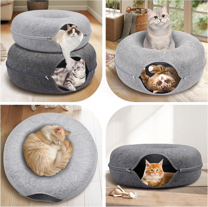 Large 24-Inch Dark Grey Peekaboo Cat Cave Donut Tunnel for Indoor Cats