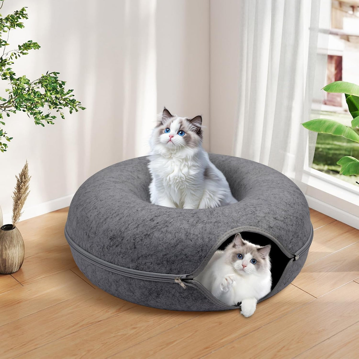 Large 24-Inch Dark Grey Peekaboo Cat Cave Donut Tunnel for Indoor Cats