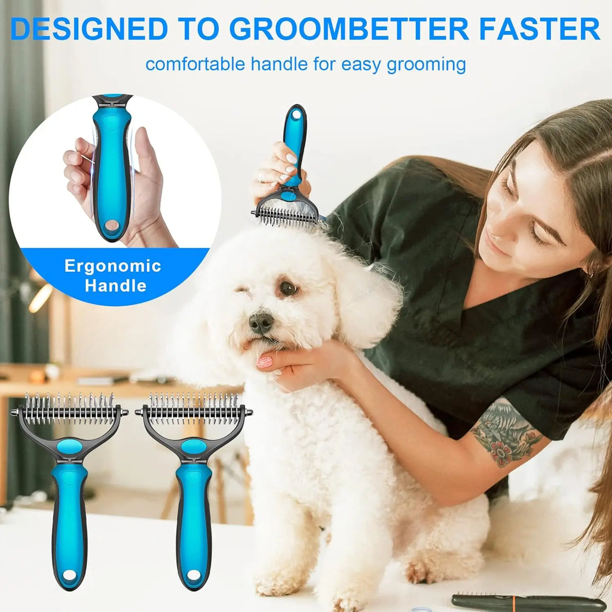 Double-Sided Pet Deshedding Brush - Gentle Undercoat Rake Comb for Dogs and Cats, Minimizes Shedding and Loose Fur