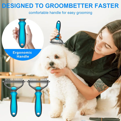 Double-Sided Pet Deshedding Brush - Gentle Undercoat Rake Comb for Dogs and Cats, Minimizes Shedding and Loose Fur