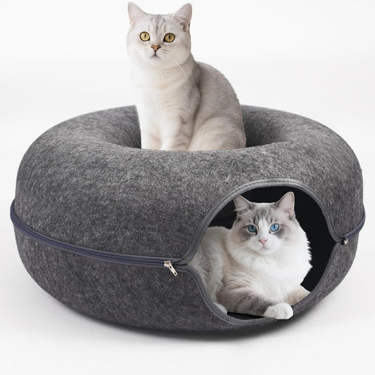 Large 24-Inch Dark Grey Peekaboo Cat Cave Donut Tunnel for Indoor Cats