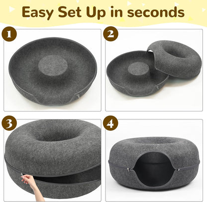 Large 24-Inch Dark Grey Peekaboo Cat Cave Donut Tunnel for Indoor Cats