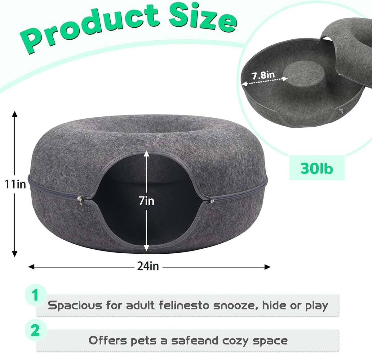 Large 24-Inch Dark Grey Peekaboo Cat Cave Donut Tunnel for Indoor Cats