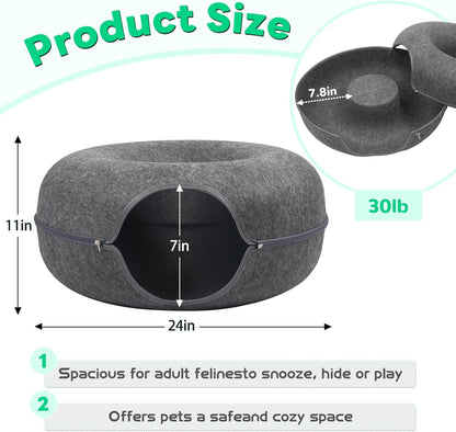 Large 24-Inch Dark Grey Peekaboo Cat Cave Donut Tunnel for Indoor Cats