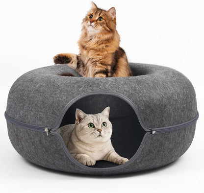 Large 24-Inch Dark Grey Peekaboo Cat Cave Donut Tunnel for Indoor Cats