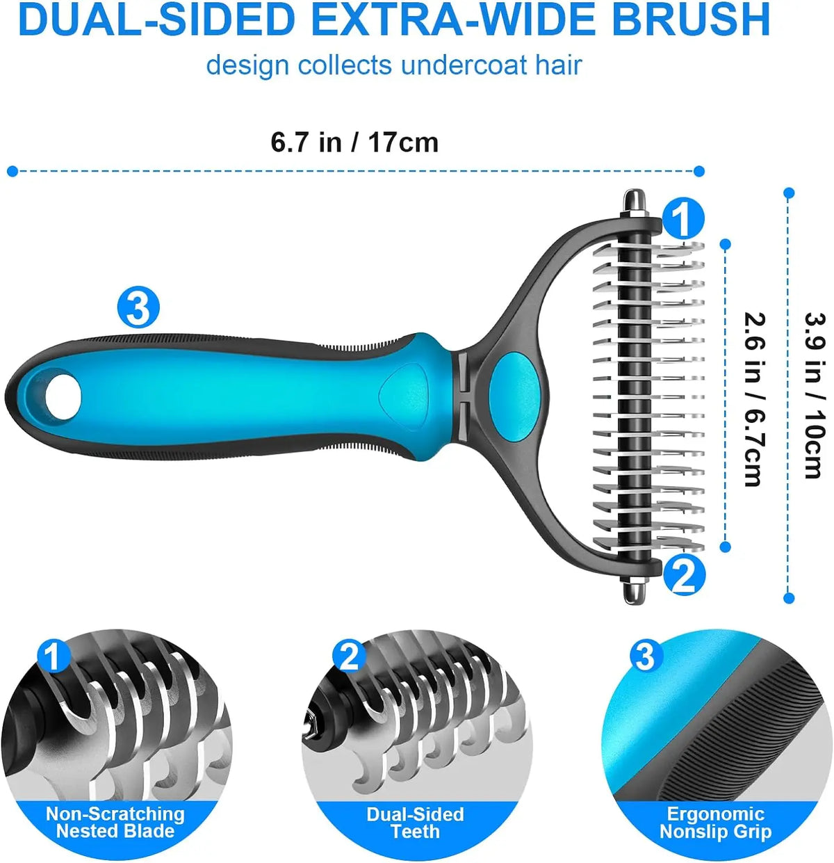 Double-Sided Pet Deshedding Brush - Gentle Undercoat Rake Comb for Dogs and Cats, Minimizes Shedding and Loose Fur