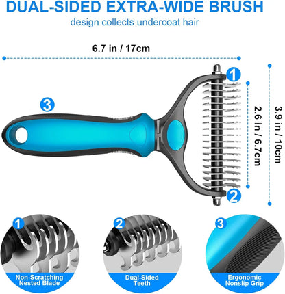 Double-Sided Pet Deshedding Brush - Gentle Undercoat Rake Comb for Dogs and Cats, Minimizes Shedding and Loose Fur